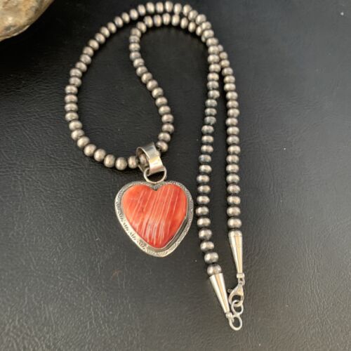 Navajo Red Heart Spiny Oyster Pendant Necklace | Sterling Silver | Authentic Native American Handmade | 13951 - Masha USA