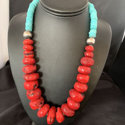 Navajo Red Coral & Turquoise Bead Necklace | Sterling Silver | Authentic Native American | 21" | 13163