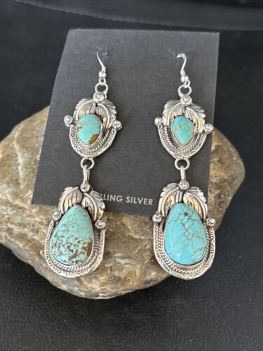 Navajo Blue #8 Turquoise Dangle Earrings | Sterling Silver | Authentic Native American Handmade | 14345
