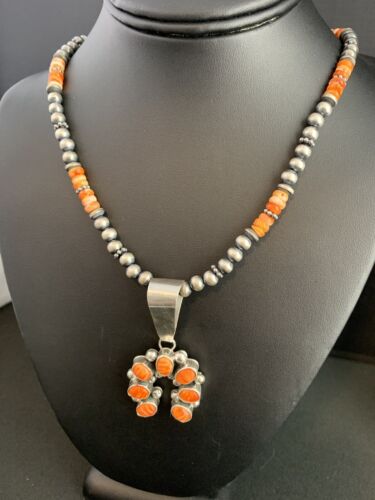 Navajo Pearls Sterling Necklace | Orange Spiny Oyster Cluster Naja Pendant | Native American 21" | 00189