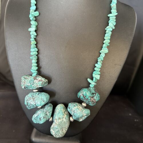 Navajo Chunky Blue Turquoise Necklace | Sterling Silver | Authentic Native American Handmade | 20" | 14413