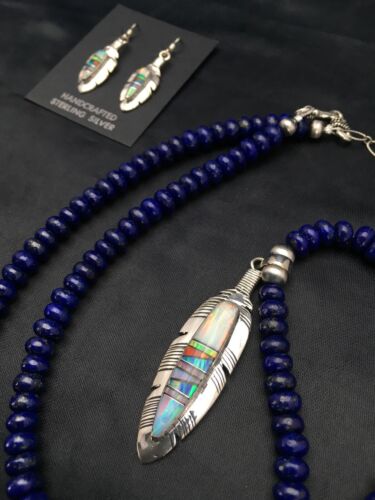 Navajo Opal Feather Multi-Color Lapis Pendant Necklace & Earring Set | Sterling Silver | Authentic Native American Handmade | 2771