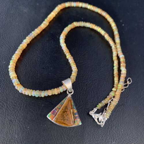 Navajo Yellow Opal Amber Inlay Pendant | Sterling Silver Necklace | Authentic Native American Handmade | 13417