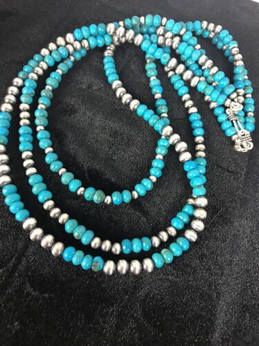 Navajo Blue Turquoise Necklace | 3 Strands | Sterling Silver | Authentic Native American Handmade | 3129
