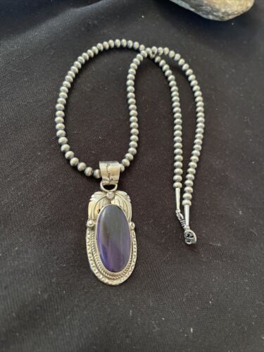 Native American Men's Navajo Pearls Necklace | Sterling Silver Sugilite Pendant | 01529
