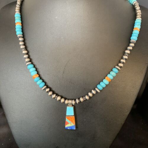 Navajo Sterling Silver Necklace | Blue Turquoise Coral Inlay Pendant | Southwestern |13841