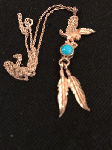 Sterling Silver Navajo Eagle Turquoise Feather Necklace Pendant 2.5" | Southwestern 17.5" | 3257