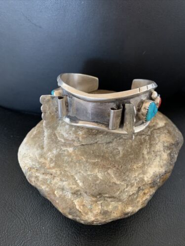 Navajo Sterling Silver Watch Cuff Bracelet | Blue Turquoise & Coral | Authentic Native American Jewelry | 12169