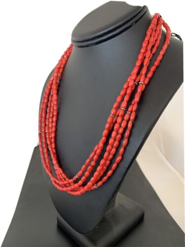 Native American Navajo 5-Strand Red Coral Necklace | Sterling Silver | Authentic Handmade | 01140