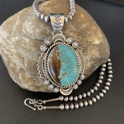 Men's Navajo Pearls Necklace | Sterling Silver | Blue #8 Turquoise Pendant | Authentic Native American Handmade | 10867