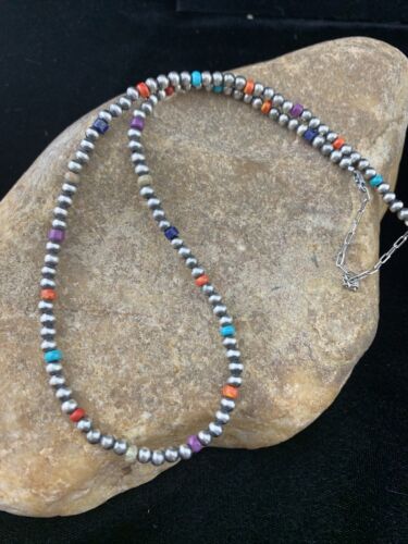 Navajo Pearls 4mm Multi-Color Bead Necklace | Sterling Silver | 18" | Single Strand | Southwestern