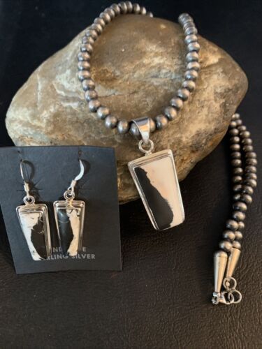 Navajo White Buffalo Turquoise Pendant | Sterling Silver Dangle Earrings | Authentic Native American Handmade | 14100