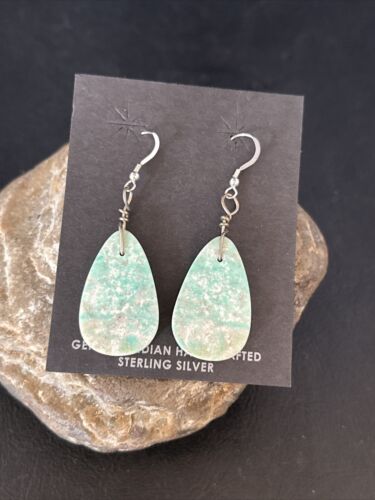 Southwestern Navajo Slab Turquoise Dangle Earrings | Sterling Silver | Authentic Native American Handmade | 01354
