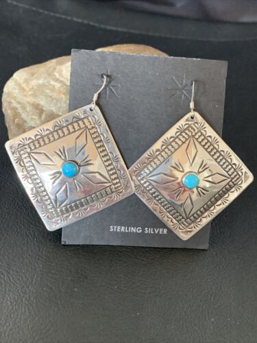 Navajo Blue Turquoise Earrings | Stamped Sterling Silver | Authentic Native American Handmade | 12912