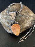 Navajo Orange Spiny Oyster Pendant Necklace | Sterling Silver | Authentic Native American Handmade | 13080