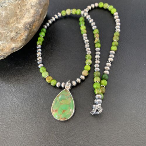 Navajo Pearl Necklace with Green Mojave Turquoise Pendant | Sterling Silver | Authentic Native American Handmade | 11759
