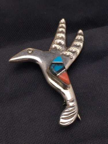 Navajo Hummingbird Pin with Coral Turquoise Inlay | Sterling Silver | Authentic Native American Handmade | 2901