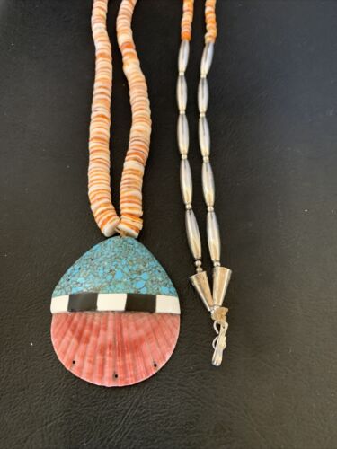 Authentic Native American Santo Domingo Shell Pendant Necklace | Spiny Oyster & Blue Turquoise | 26" | 12519