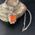 Navajo Red Spiny Oyster Square Pendant Necklace | Sterling Silver | Authentic Native American Handmade | 13636