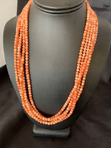 Southwestern Navajo Pink Coral Bead Necklace | 5 Strand | Sterling Silver | 22" | 12509
