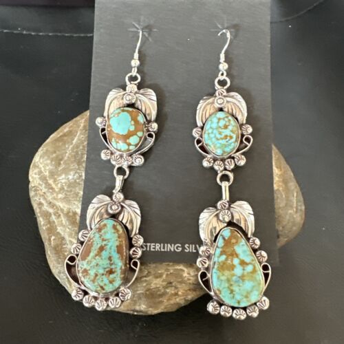 Navajo Blue Turquoise #8 Dangle Earrings | Sterling Silver | Authentic Native American Handmade | 16908