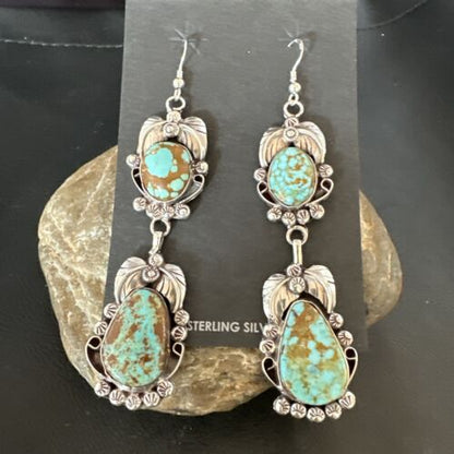 Navajo Blue Turquoise #8 Dangle Earrings | Sterling Silver | Authentic Native American Handmade | 16908