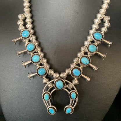 Navajo Kingman Turquoise Shadowbox Squash Blossom Necklace | Sterling Silver | Native American Handmade | 13677