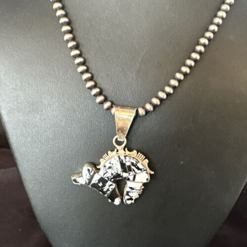 Navajo White Buffalo Turquoise Bear Inlay Pendant Necklace | Sterling Silver | Native American Handmade | 15247