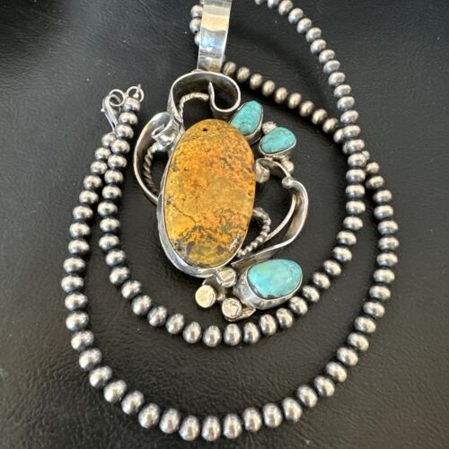 Bumblebee Jasper Turquoise Multi-Stone Pendant | Sterling Silver Necklace | Authentic Native American Handmade | 15947 - Masha USA