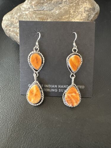 Navajo Orange Spiny Oyster Dangle Earrings | Sterling Silver | 1.5" | Authentic Native American Handmade | 16574