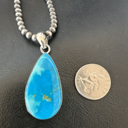 Navajo Blue Kingman Turquoise Pendant Necklace | Sterling Silver | 20" | Authentic Native American Handmade | 17000