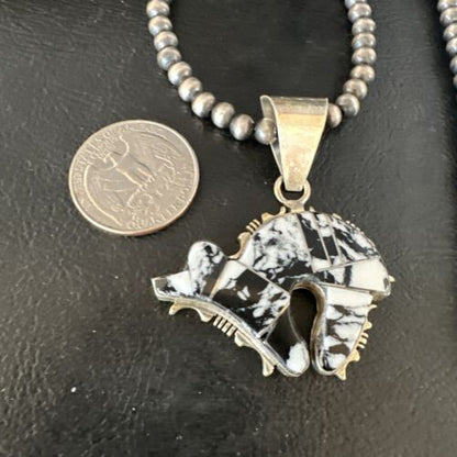 Navajo White Buffalo Turquoise Bear Inlay Pendant Necklace | Sterling Silver | Native American Handmade | 15247