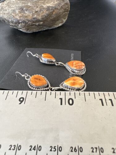 Navajo Orange Spiny Oyster Dangle Earrings | Sterling Silver | 1.5" | Authentic Native American Handmade | 16574
