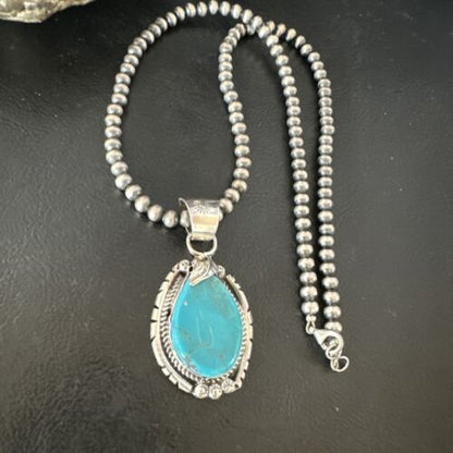 Men's Blue Kingman Turquoise Pendant Necklace | Navajo Pearls | Sterling Silver | 16019