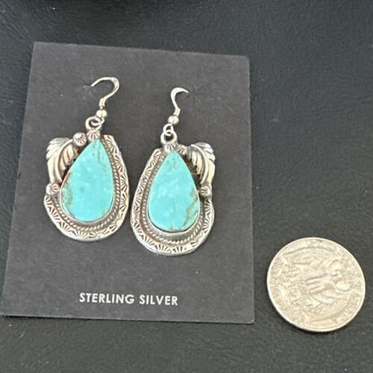 Navajo Blue Kingman Turquoise Dangle Earrings | Sterling Silver | Authentic Native American Handmade | 17373