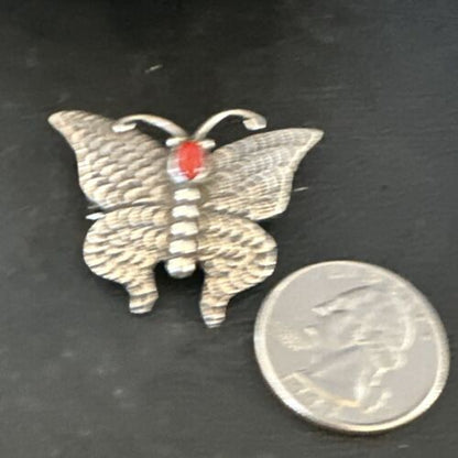 Navajo Butterfly Red Coral Pin Pendant | Sterling Silver | 1.25" | Authentic Native American Handmade | 15526
