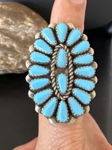Navajo Blue Turquoise Cluster Ring | Authentic Native American Sterling Silver | Multi-Stone | Sz 8 | 16326