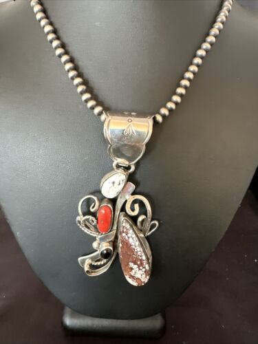 Navajo Sterling Silver Coral Wild Horse Necklace Pendant | Multi-Stone | Authentic Native American Handmade | 15946