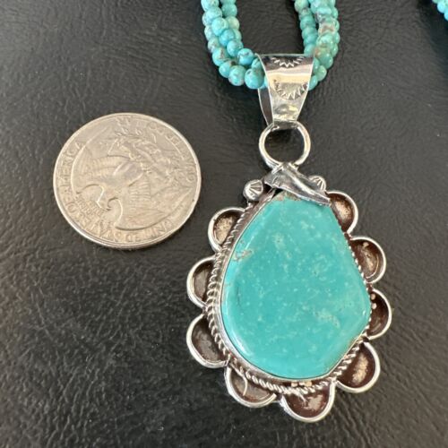 Navajo Blue Turquoise Pendant | Sterling Silver 3-Strand Bead Necklace | 17" | Authentic Native American Handmade | 15996