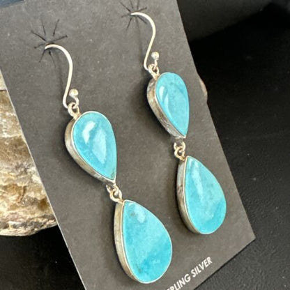 Navajo Blue Kingman Turquoise Dangle Earrings | Sterling Silver | Authentic Native American Handmade | 15122
