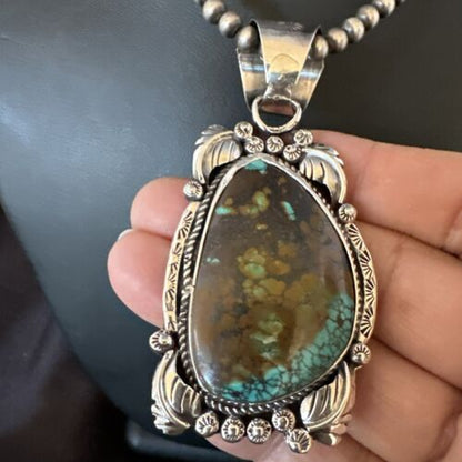 Men's Navajo Green Turquoise Pendant Necklace | Sterling Silver | Authentic Native American Handmade | 17528