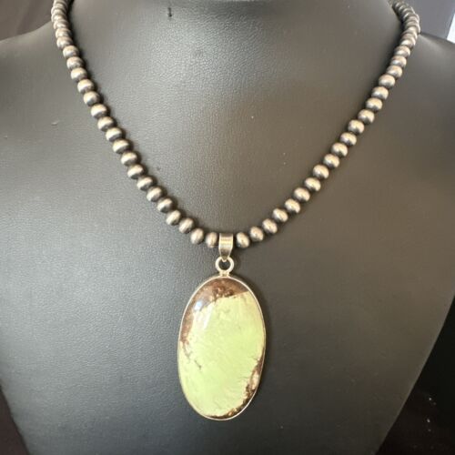 Navajo Green Gaspeite Pendant Necklace | Sterling Silver | Authentic Native American Handmade | 15485