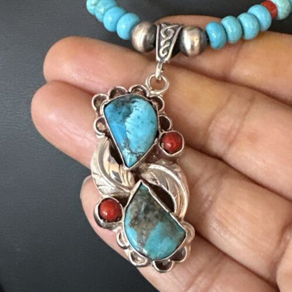 Navajo Blue Turquoise | Coral Pendant Necklace | Sterling Silver | Multi-Stone | 15256