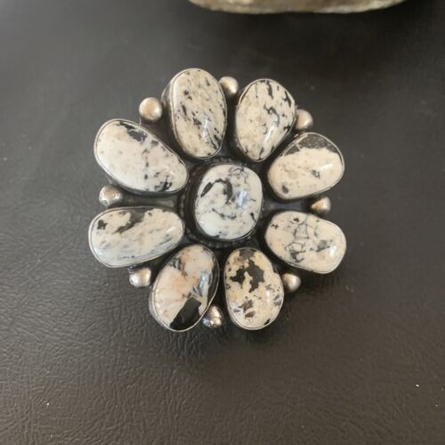 Navajo White Buffalo Turquoise Multi-Stone Ring | Authentic Native American Sterling Silver | Sz 7.5 | 11892