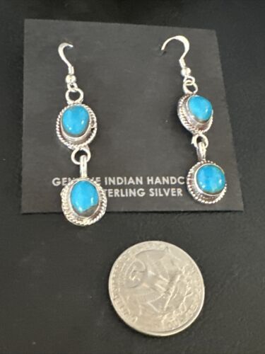 Kingman Turquoise Dangle Earrings | Navajo Sterling Silver | Authentic Native American Handmade | 14869