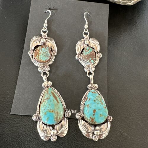 Navajo Blue Turquoise #8 Dangle Earrings | Sterling Silver | Authentic Native American Handmade | 16909