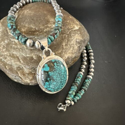 Men's Blue Spiderweb Turquoise Pendant Necklace | Navajo Sterling Silver | Authentic Native American Handmade | 17084