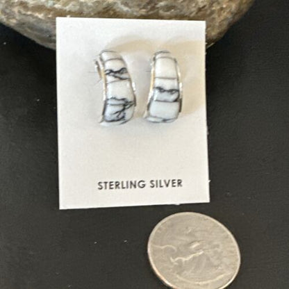 Navajo White Buffalo Turquoise Inlay Earrings | Sterling Silver | 0.5" | 16742