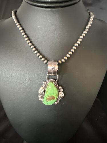 Navajo Green Gaspeite Pendant Necklace | Sterling Silver | Authentic Native American Handmade | 14998