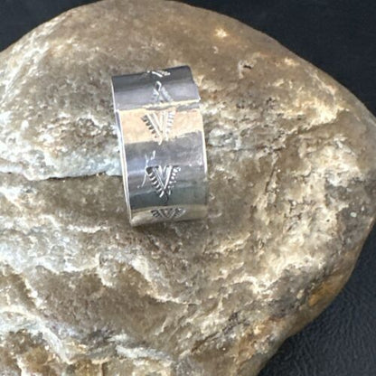 Men's Wide Band Navajo Stamped Ring | Sterling Silver | Sz 12 | Authentic Native American Handmade | 14980